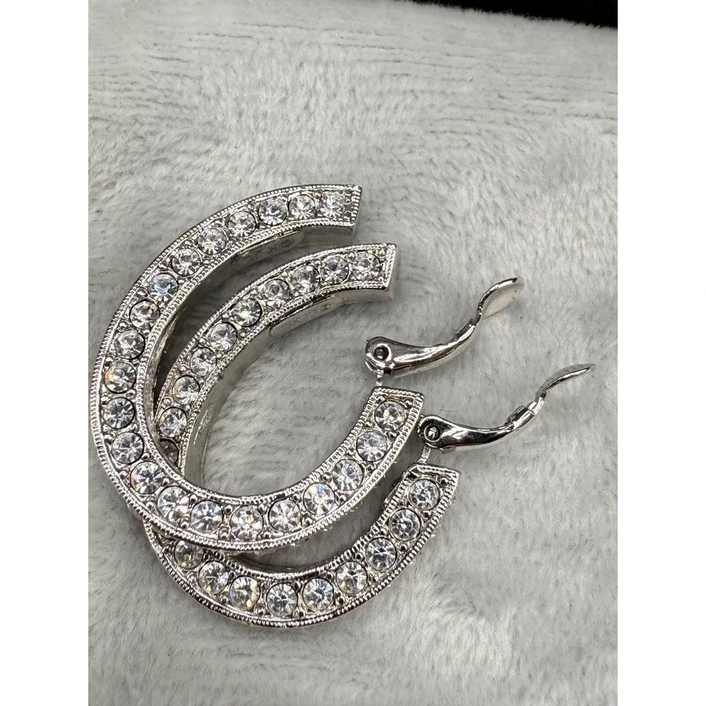Vintage KJL Earrings Signed‎ Clip Ons Crystal Bling Hoops - Picture 5 of 7